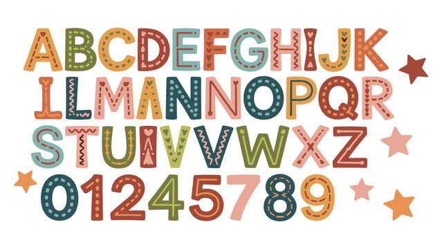 Whimsical Alphabet and Numbers: A vibrant collection of letters A-Z and numbers 0-9 adorned with playful, folk-inspired patterns and charming star embellishments.