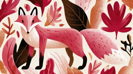 Fototapeta premium A fox stands in a vibrant setting filled with colorful leaves during autumn. The scene uses rough brushwork and a storybook style.