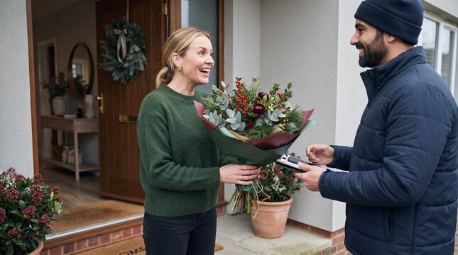 Woman receiving flower delivery at front door, smiling at delivery man holding bouquet with eucalyptus and red berries, winter wreath on door