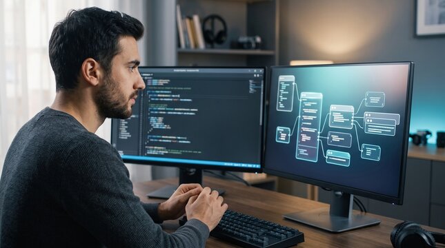 Software developer watching AI coding assistant generate program output, automated programming tasks, changing technology careers and future of software work