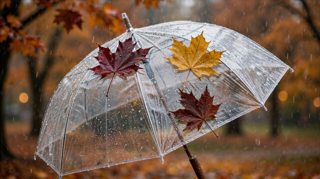 Transparent umbrella covered with autumn leaves in the rain