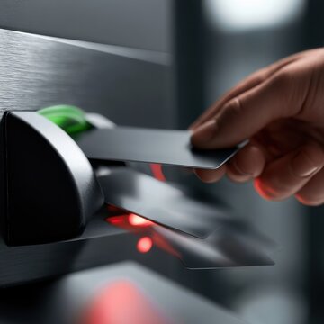 Person holding a black access card near a contactless card reader with red indicator light on a metallic surface in a security system setup