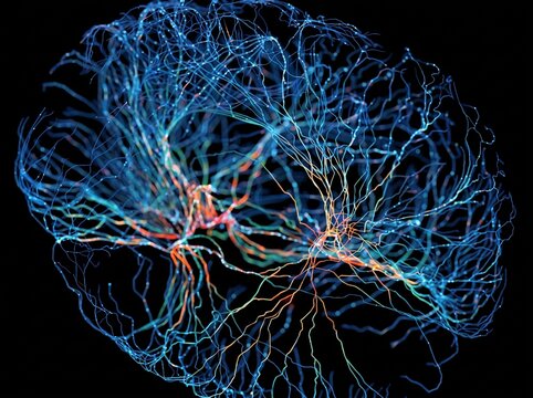 Interconnected neural network of bright synaptic pathways representing human brain cognitive function artificial intelligence and advanced neuroscience.