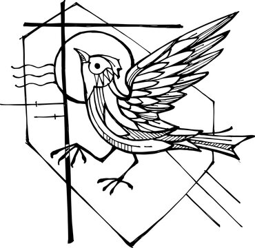 Flying lark with cross and waves geometric line art