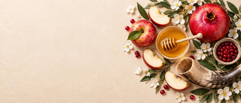 Rosh Hashanah Jewish New Year banner. Top view flat lay with apple, honey, pomegranate, shofar, flowers, and empty copy space for text.