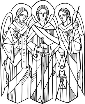 Three holy archangels geometric line art set