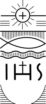 IHS Christogram with cross and Christian fish line art
