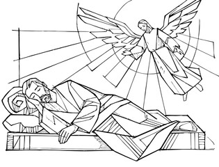 Fototapeta premium Sleeping Saint Joseph with angel line art