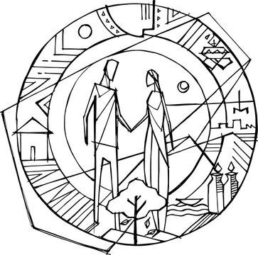 Christian wedding couple with symbolic landscape line art