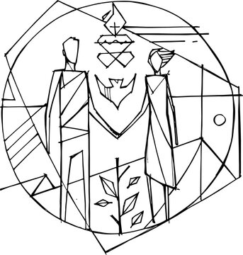 Christian marriage couple beneath dove symbol line art
