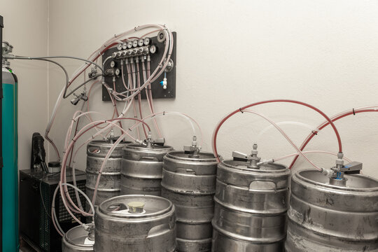 Stainless steel kegs connected to a gas manifold system with lines and pressure gauges, preparing beer for tapping in a commercial brewery or homebrew setup