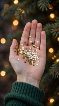 Open hand holding small gold and white stars