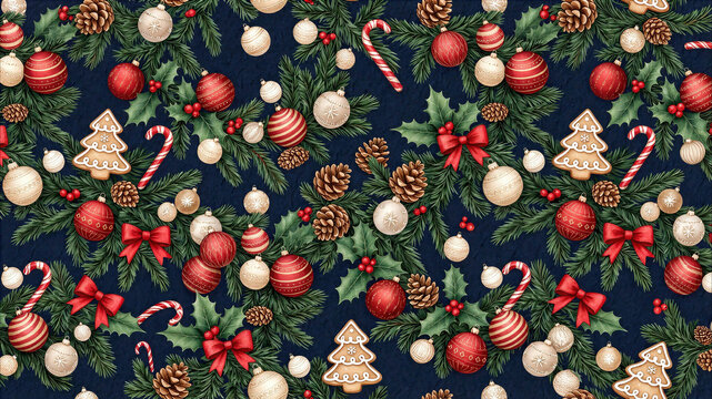 Dense Christmas pattern of ornaments and gingerbread on navy