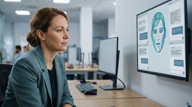 Customer support worker beside AI virtual agent screen, automated conversations replacing routine service tasks, changing call center employment and future work