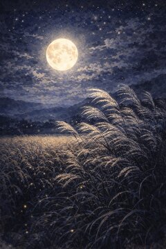 Full moon over silver pampas grass, Japanese autumn night 
満月とすすきの夜景