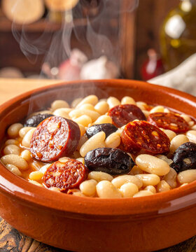 Close-up of a rustic clay pot filled with simmering white beans, large chunks of chorizo, and dark blood sausage.