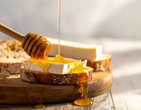 Thick golden honey dripping from a wooden dipper onto a slice of fresh bread and local goat cheese.