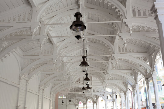 Detailed architecture of a historic building in Karlovy Vary in Czech Republic showcases unique design