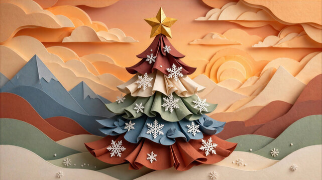 Layered paper Christmas tree in a colorful mountain landscape