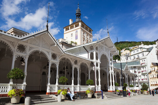 Visit Karlovy Vary in Czech Republic featuring historic architecture and blue sky