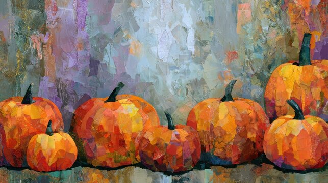 Colorful pumpkins made from different materials sit on a textured background. The collage shows autumn inspired art using muted tones.