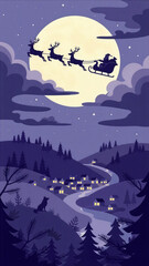 Fototapeta premium Santa sleigh silhouette crossing the moon above a snowy village