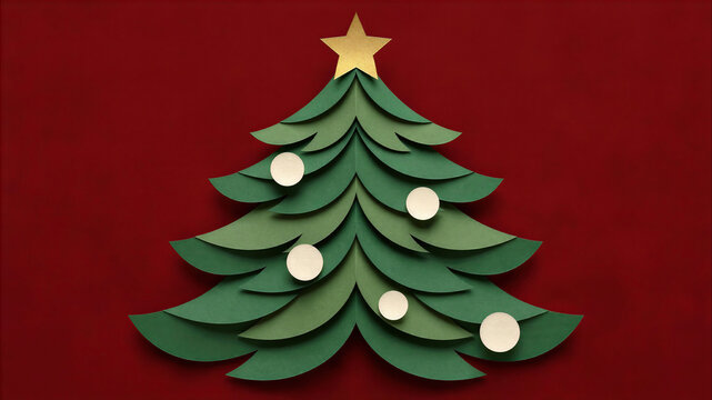Layered green paper Christmas tree on red background