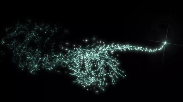 Cyan particle fireworks, sparkling glitter explosion, shining festive dust, magical glowing light burst, luxury celebration bokeh effect, christmas holiday motion background on black. 4k footage