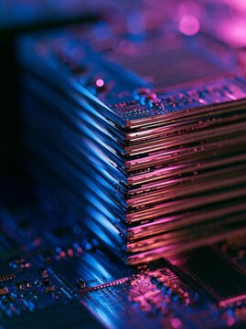 Stack of electronic components, specifically a computer motherboard. the components are arranged in a neat stack, with each component slightly overlapping the one below it.