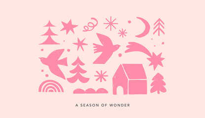 Obraz premium Vintage season of wonder pastel Christmas background in Nordic folk style with hand drawn birds, trees, stars, snowflakes and winter house.