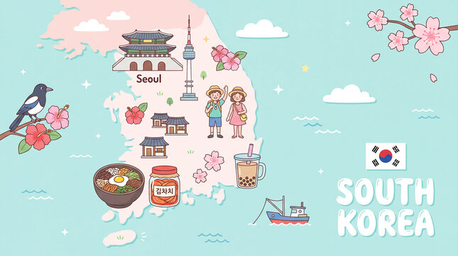 Illustrated decorative map of south korea featuring traditional landmarks and cultural icons korean culture traditional buil