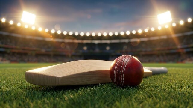 A wooden cricket bat and red ball on the pitch of a cricket stadium.