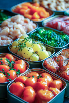 Assorted food containers filled with various edibles. vertical frame