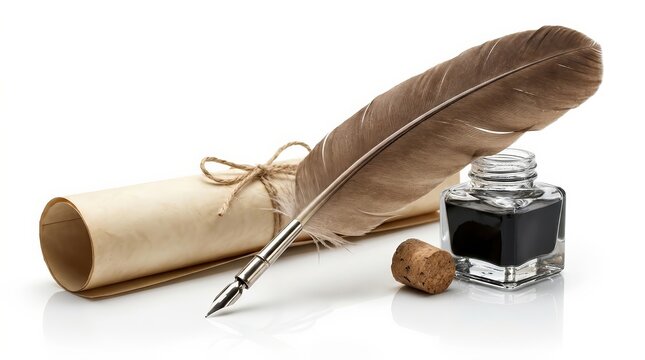 Antique feather quill pen next to an ink bottle and rolled blank scroll