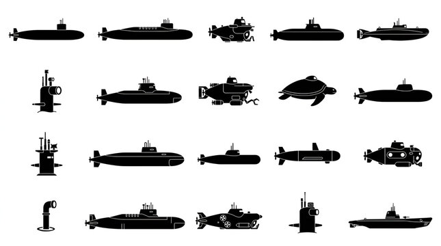 Submarine and Periscope Silhouette Grid Set on White Background