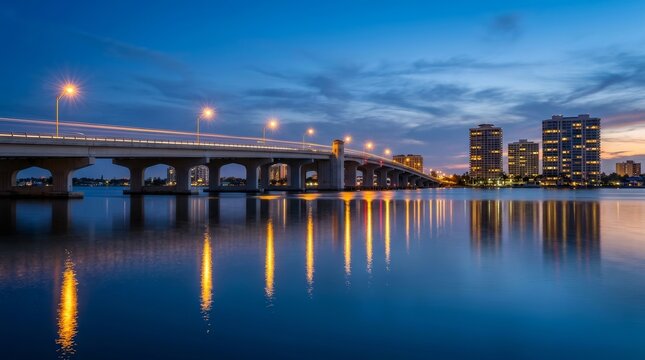City skyline of Sarasota Florida with a bridge spanning the bay under a twilight sky.
