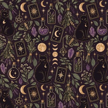 Witchcraft seamless pattern with black cats, tarot cards, magic potions, crystals, and crescent moons on dark background