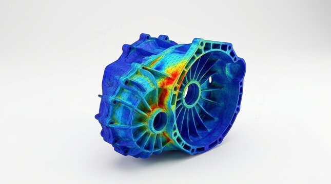 Finite element method stress analysis on a 3D mechanical part with mesh vertices and color scale.