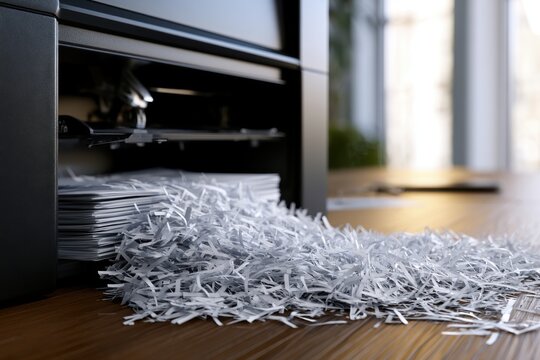 Modern office paper shredder overflowing with shredded documents spilling onto wooden floor in bright workspace environment