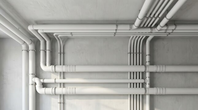 Industrial plumbing system with white pipes and conduits on a rustic ceiling.