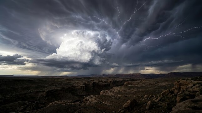 Dark sky and rugged terrain under a massive cumulonimbus cloud casting a dark shadow.