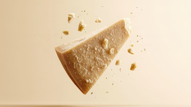 Parmesan cheese wedge floating in mid-air with crumbling pieces and herbs, capturing fresh dairy product movement and food flavor