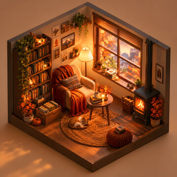 Isometric 3D Diorama of Cozy Autumn Living Room with Fireplace, Bookshelf, and Sleeping Cat