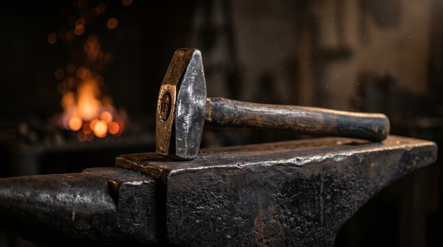Vintage handmade blacksmith hammer and anvil tool sitting in a dark workshop.