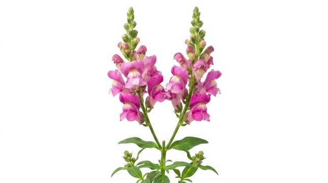 Symmetrical pink Antirrhinum majus snapdragon blooms with green stems on a white background.