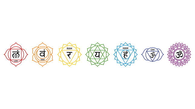 Seven Chakra Symbols Outline Vector Set on White Background