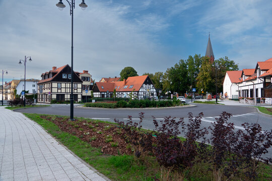 Traditional half-timbered fisherman houses in Ustka, Poland