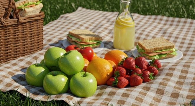 Picnic spread with fruits and sandwiches on blanket
