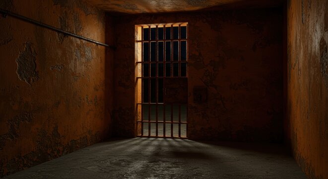 Dimly lit old prison cell with barred window