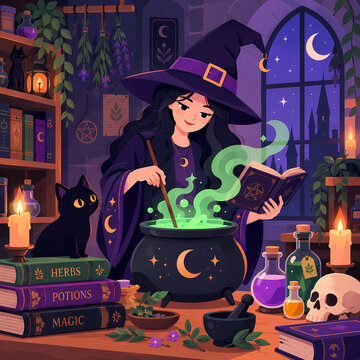 Young Witch Brewing Green Magical Potion in Cauldron with Black Cat in Enchanted Library